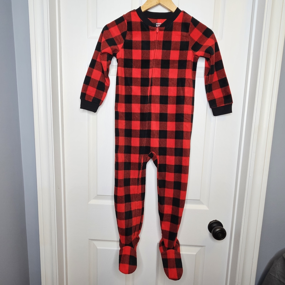 NWOT Carter's Kids Buffalo Plaid Fleece Footie Pajsmas Red Black Checkered Sz 5